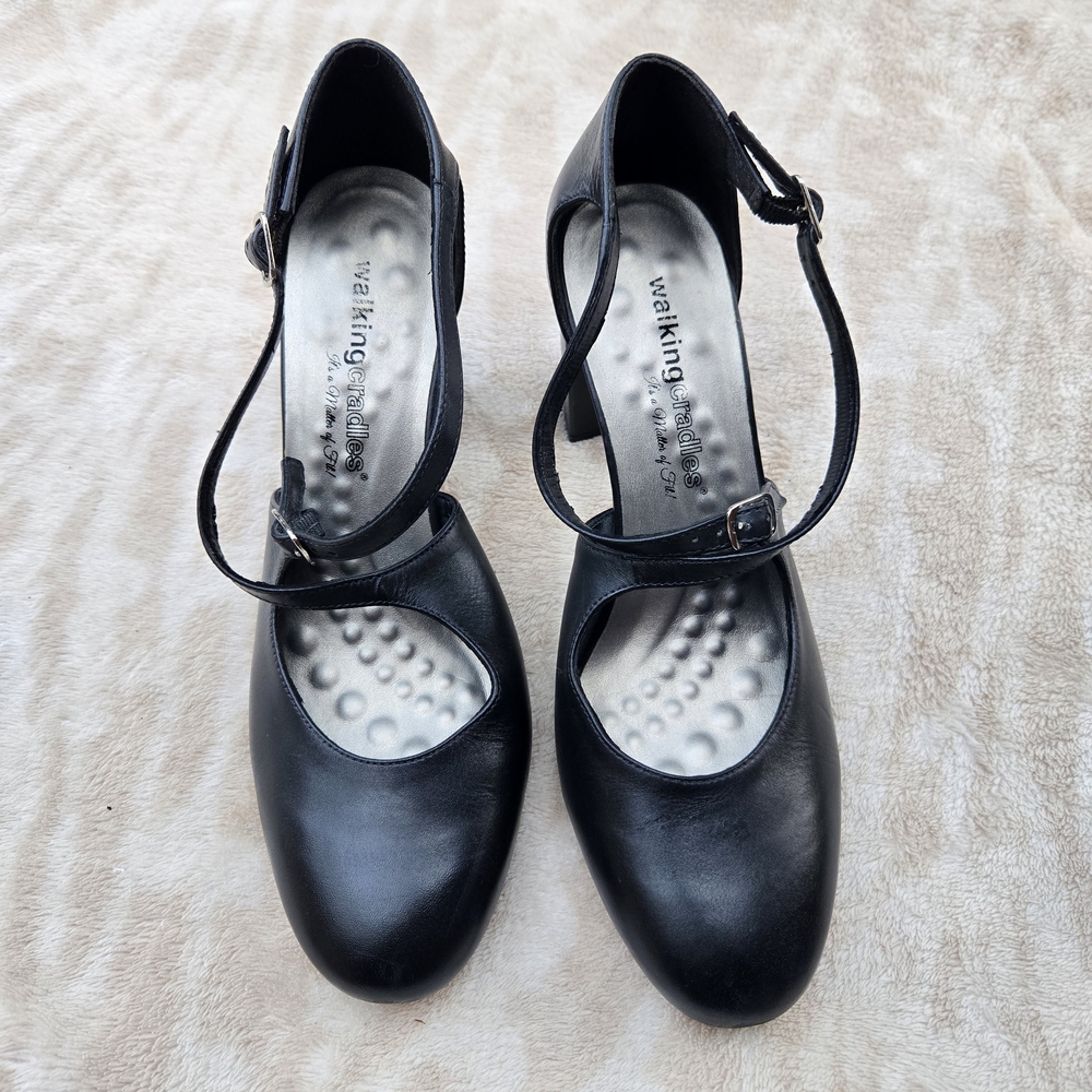 Walking Cradles Black Leather Mary Jane Heel with Ankle Strap (made in Brazil )